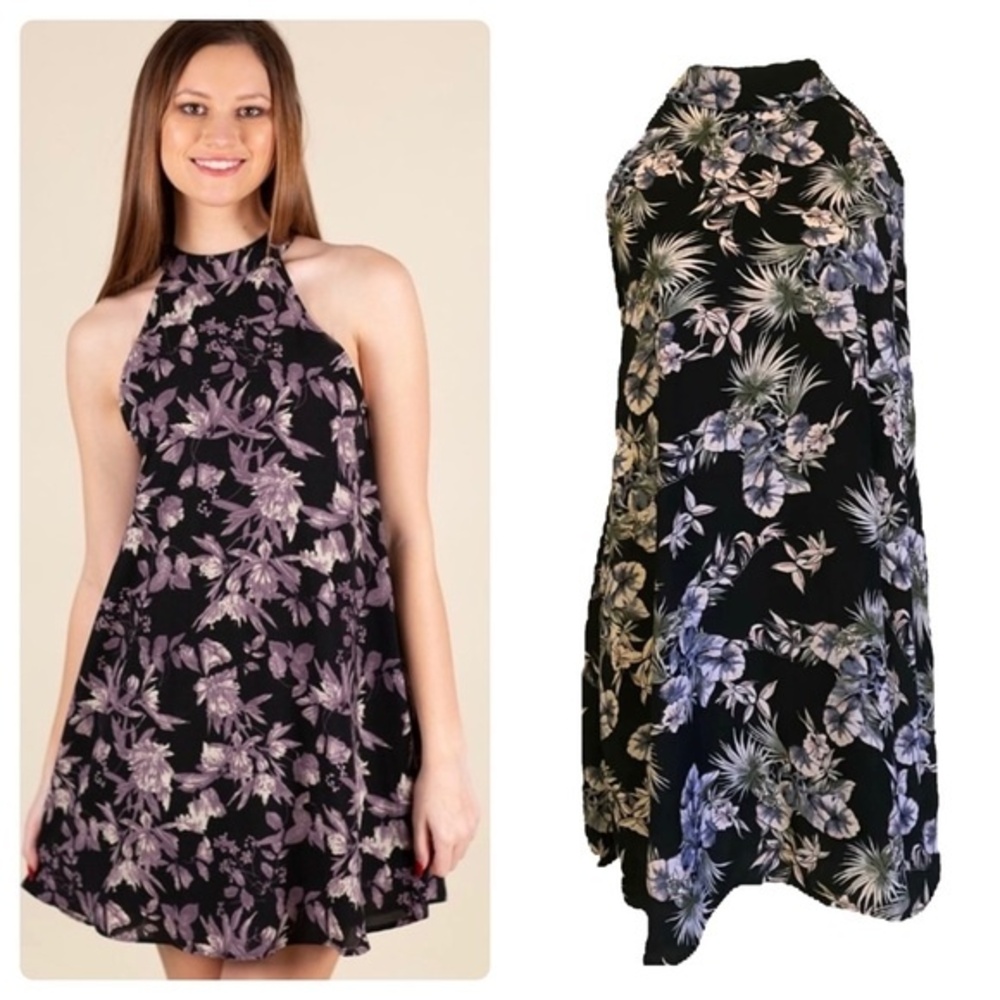 Navy blue and white floral halter dress with keyhole back size small